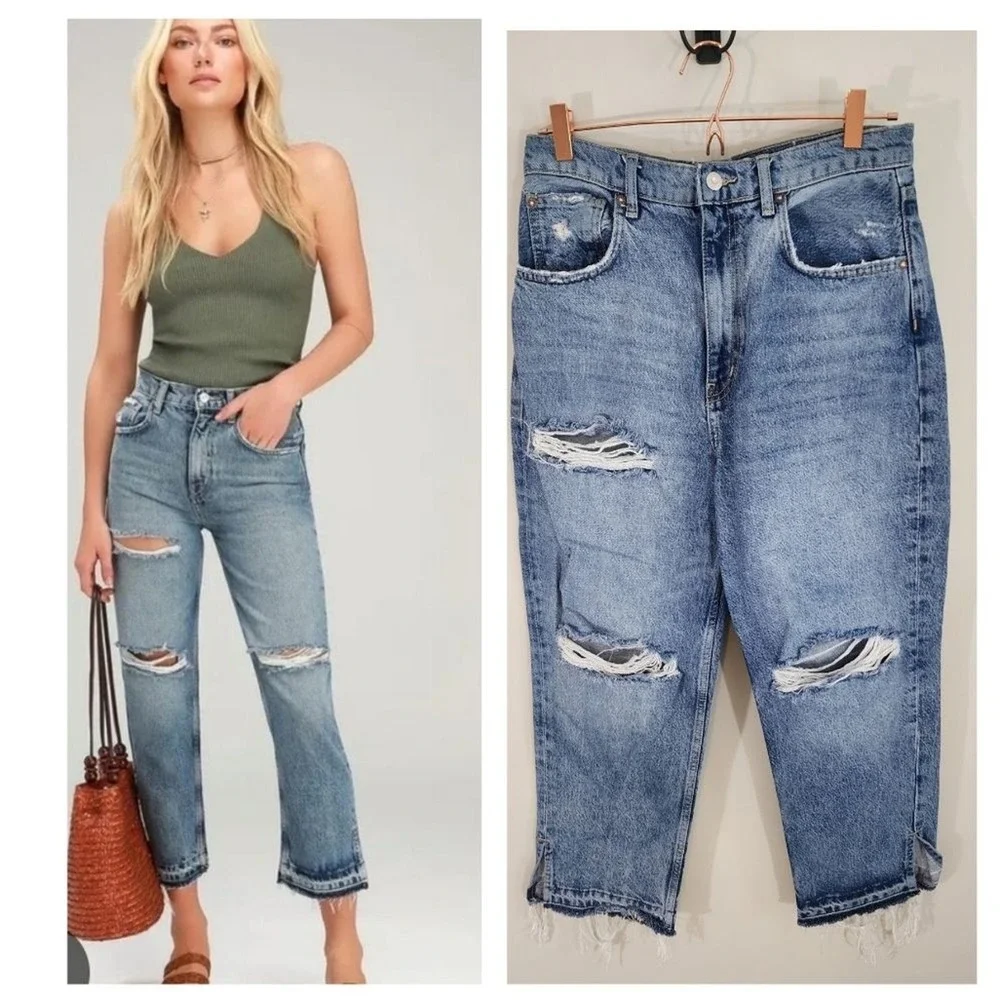 Free People We The Free Lita Distressed High Rise Jeans 30 Light Wash Raw Hem